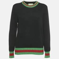 Pre Owned Gucci Black Wool & Lamé  Web Trim Detail Sweater L