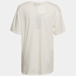 Pre Owned Gucci White Embellished Mystic Cat Applique Distressed Cotton T-Shirt S