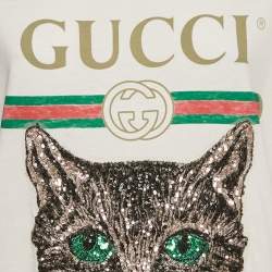 Pre Owned Gucci White Embellished Mystic Cat Applique Distressed Cotton T-Shirt S