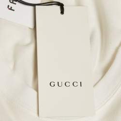 Pre Owned Gucci White Embellished Mystic Cat Applique Distressed Cotton T-Shirt S