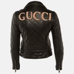 Pre Owned Gucci Black Quilted Leather Logo Embellished Biker Jacket XS