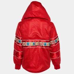 Pre Owned Gucci Red Mesh Magnetismo Stripe Trimmed Zip Front Hooded Jacket XS