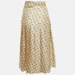 Pre Owned Gucci Beige Stamp Print Silk Pleated Midi Skirt S