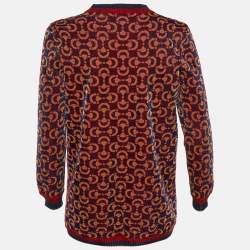 Pre Owned Gucci Blue/Red Horsebit Lurex Knit Button Front Cardigan L