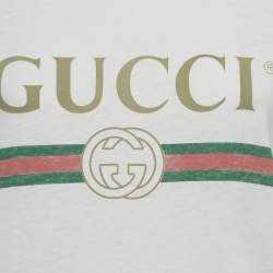 مملوكة مسبقًا Gucci White Logo Print Cotton Distressed T-Shirt XXS  
