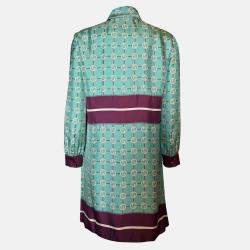 Pre Owned Gucci Silk Teal/Purple GG Printed Silk Button-Up Neck Tie Dress Size XS