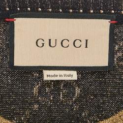 Pre Owned Gucci Navy Blue/Gold Logo Pattern Lamé Cotton Blend Top XL 