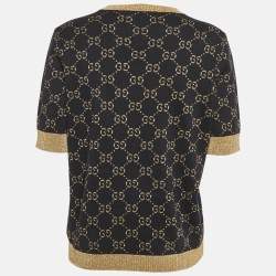 Pre Owned Gucci Navy Blue/Gold Logo Pattern Lamé Cotton Blend Top XL 