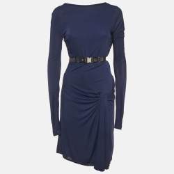 Pre Owned Gucci Navy Blue Jersey Belt Detail Knee-Length Dress M