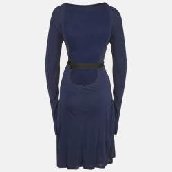 Pre Owned Gucci Navy Blue Jersey Belt Detail Knee-Length Dress M