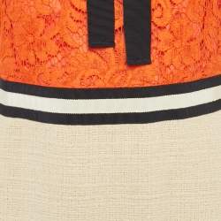 Pre Owned Gucci Orange/Cream Lace &Tweed Neck Tie Detail Short Dress M