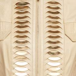 Pre Owned Gucci Gold Shimmer Embellished Leather Zip Up Jacket S