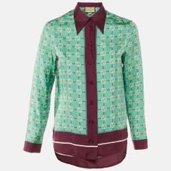 Pre Owned Gucci Green Interlocking G Print Silk Button Front Shirt S