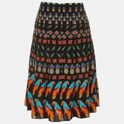 Pre Owned Gucci Black Parrot Print Silk Pleated Skirt L