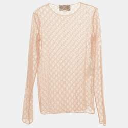 Pre Owned Gucci Pink GG Embroidered Tulle Long Sleeve Sheer Top S