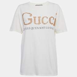 Pre Owned Gucci Cream Logo Glitter Print Jersey T-Shirt S