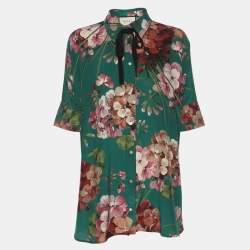 Pre Owned Gucci Green Floral Printed Silk Neck Tie Detail Shirt M
