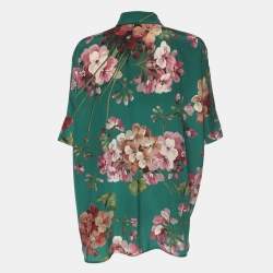 Pre Owned Gucci Green Floral Printed Silk Neck Tie Detail Shirt M