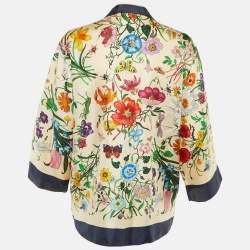 Pre Owned Gucci Beige Floral Print Silk Button Front Foulard Shirt M