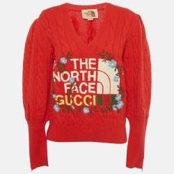 Pre Owned Gucci x The North Face Red Rose Embroidered Cable Knit Sweater M