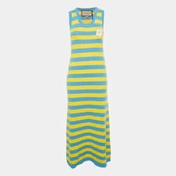 Pre Owned Gucci Blue/Yellow Striped Wool Knit Kawaii Appliqué Maxi Dress S