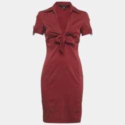 Pre Owned Gucci Red Satin Silk Knotted Mini Dress M