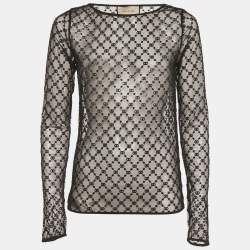Pre Owned Gucci Black GG and Stars Embroidered Tulle Sheer Top S