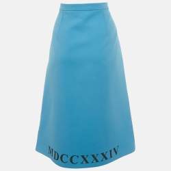 Pre Owned Gucci Blue Hem Print Silk Blend Pencil Skirt M