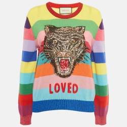 مملوكة مسبقًا Gucci Multicolor Striped Wool Big Cat Sequin Sweater L
