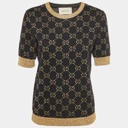 Pre Owned Gucci Navy Blue GG Lamé Cotton Knit Top L