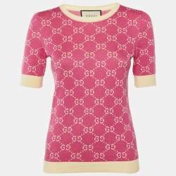 مملوكة مسبقًا كنزة غوتشي محبوكة بجاكارد GG باللون الوردي مع ياقة دائرية مقاس صغير