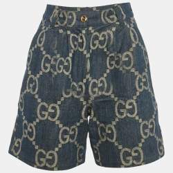 Pre Owned Gucci Blue Jumbo GG Jacquard Denim Pleated Shorts XS/Waist 24"