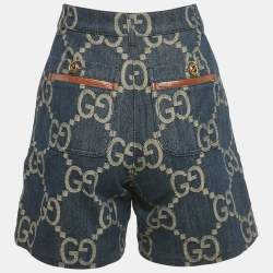 Pre Owned Gucci Blue Jumbo GG Jacquard Denim Pleated Shorts XS/Waist 24"