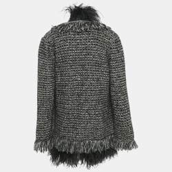 Pre Owned Gucci Monochrome Feather Trim Tweed Open Front Cardigan S