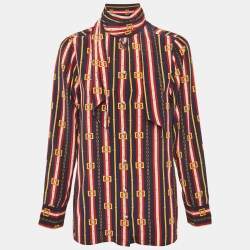 مملوكة مسبقًا Gucci Blue/Red Striped Silk Tie-Up Blouse M
