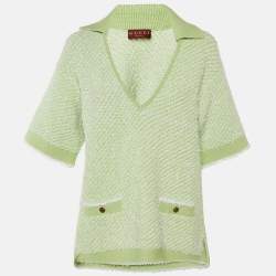 Pre Owned Gucci Green Cotton Boucle V-Neck Polo Top M
