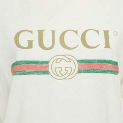 Pre Owned تي شيرت غوتشي قطن أبيض بطبعة ممزق مقاس متوسط 