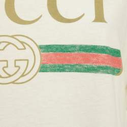 Pre Owned تي شيرت غوتشي قطن أبيض بطبعة ممزق مقاس متوسط 