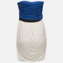 Pre Owned Gucci Blue & White Jersey Pleated Strapless Mini Dress S