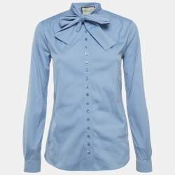 مملوكة مسب قًا Gucci Blue Cotton Neck Tie-Up Shirt S