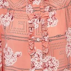 Pre Owned قميص غوتشي بنقشة زهور وردي كشكش حرير مقاس صغير