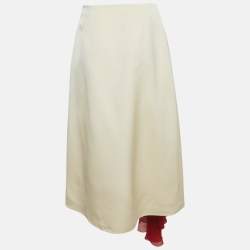Pre Owned Gucci Cream Crepe and Silk Ruffle Trim Midi Skirt M