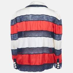 Pre Owned بلوزة غوتشي حرير ودانتيل مخطط متعدد الألوان مع ربطة عنق مقاس كبير