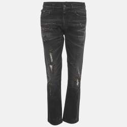 مملوكة مسبقًا بنطلون جينز غوتشي دنيم رمادي مزين قصه مستقيمة مقاس صغير خصر 30 بوصة