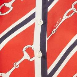 Pre Owned بلوزة غوتشي حرير بطبعة هورسبيت أحمر/أزرق مقاس صغير (سمول)