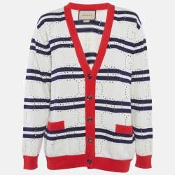 مملوكة مسبقًا Gucci White GG Pointelle Knit Striped Cardigan S