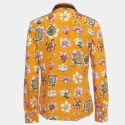 Pre Owned Gucci Orange Floral Printed Silk Oversized Collar Shirt S