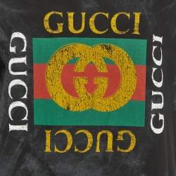 مملوكة مسبقًا قميص غوتشي قطن أسود مطرز مهترئ بنصف كم صغير