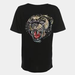 Pre Owned تي شيرت غوتشي بشعار نمر مزين بترتر جيرسي أسود مقاس صغير جداً