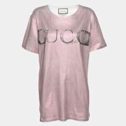 Pre Owned تي شيرت غوتشي جيرسي وردي/أبيض لامع بطباعة شعار مقاس صغير - سمول